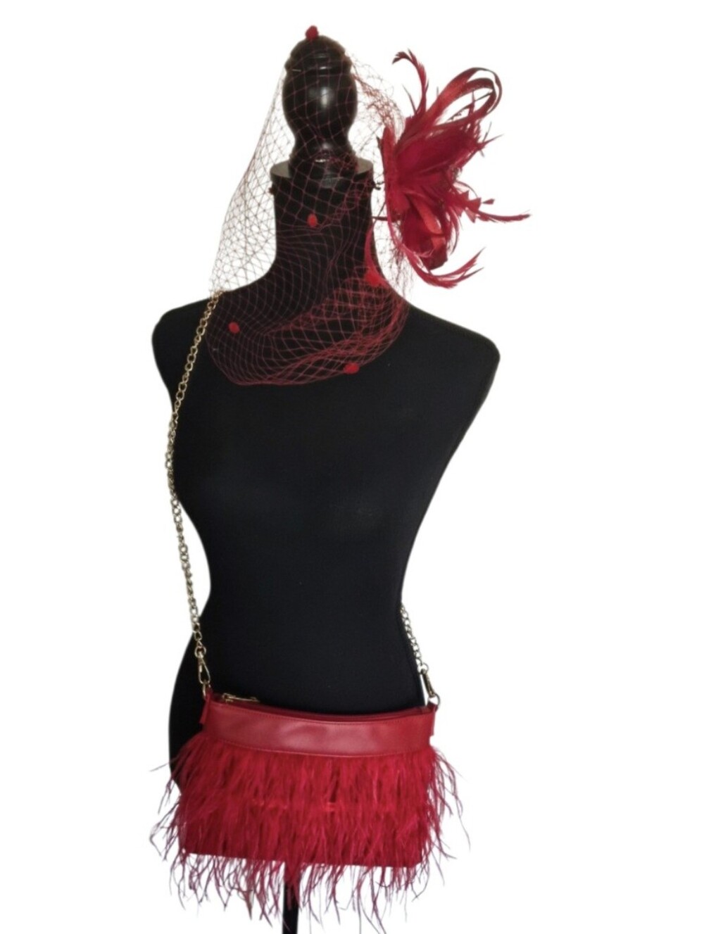 FASHION NOVA Red Feather Clutch With Removable Gold Color Strap